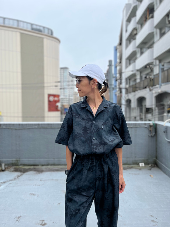 夜半の山郷アロハ& 月明かりの塔パンツ セットアップ 紬アロハ＆イージーパンツ　セットアップ　着物リユース　着物リメイク 5枚目の画像