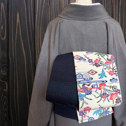 結城紬お召草花藍色と焦茶の紬でお作りしました大人の兵児帯・袋帯です