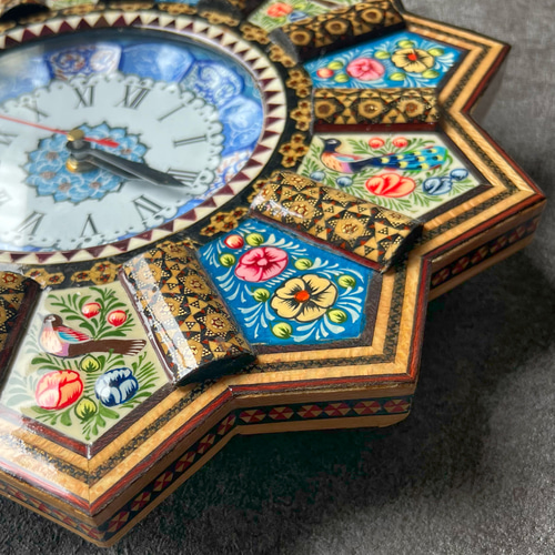 イラン/木製】ペルシャの象嵌細工（ハータムカーリー）時計 Mサイズ