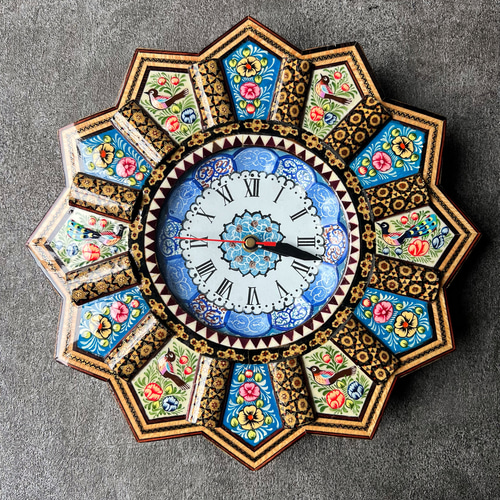 イラン/木製】ペルシャの象嵌細工（ハータムカーリー）時計 Mサイズ