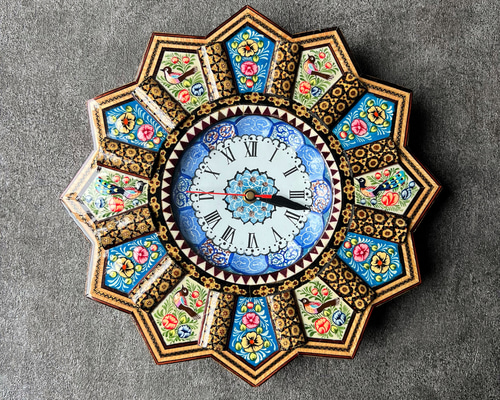 イラン/木製】ペルシャの象嵌細工（ハータムカーリー）時計 Mサイズ