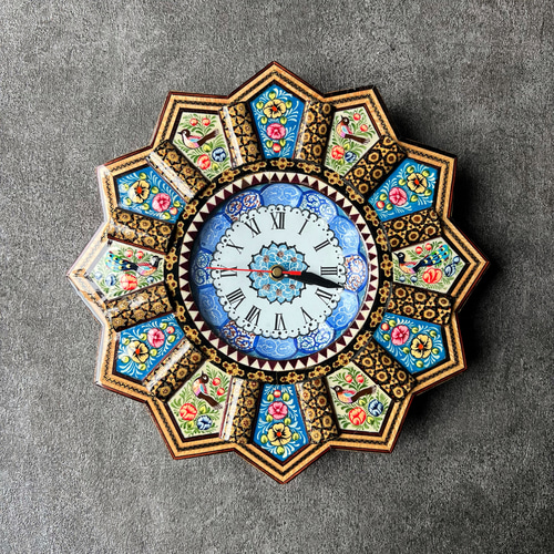 イラン/木製】ペルシャの象嵌細工（ハータムカーリー）時計 Mサイズ
