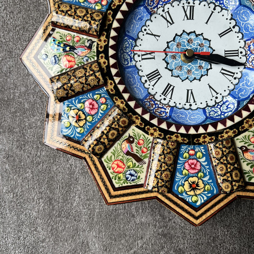 【★ペルシャ象嵌細工 / 置き掛け時計★ 45×39.5 ？】 イラン/木製】ペルシャの象嵌細工（ハータムカーリー）時計 Mサイズ