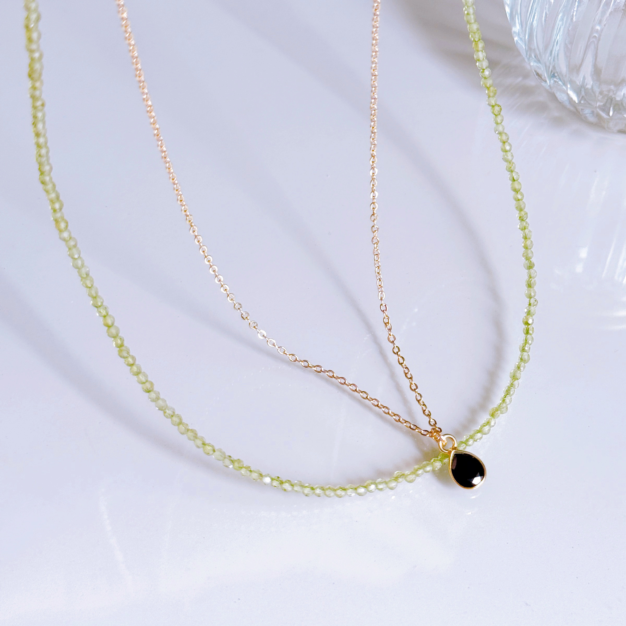 《8月誕生石》ペリドット ブラックスピネル ネックレス ２本セット 14kgf 誕生日 プレゼント ギフト 誕生石