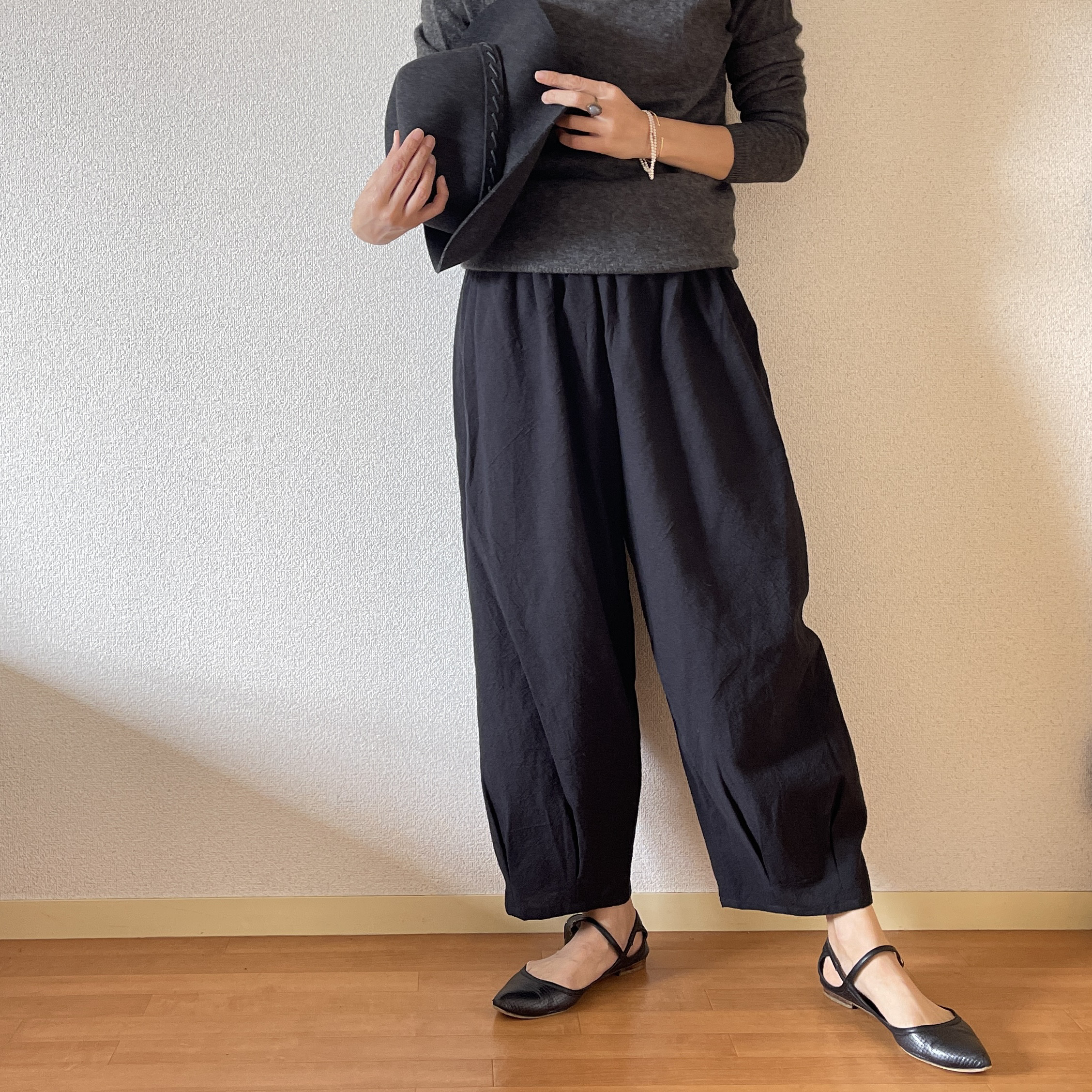 ゆったりなのにスッキリ見せパンツ♪バルーンパンツ／サーカスパンツ　コットンリネン　ブラック　ウエスト変更可