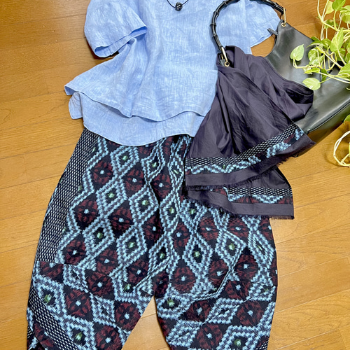 青菱久留米絣＊サルエルパンツ＋ストール＊着物リメイク