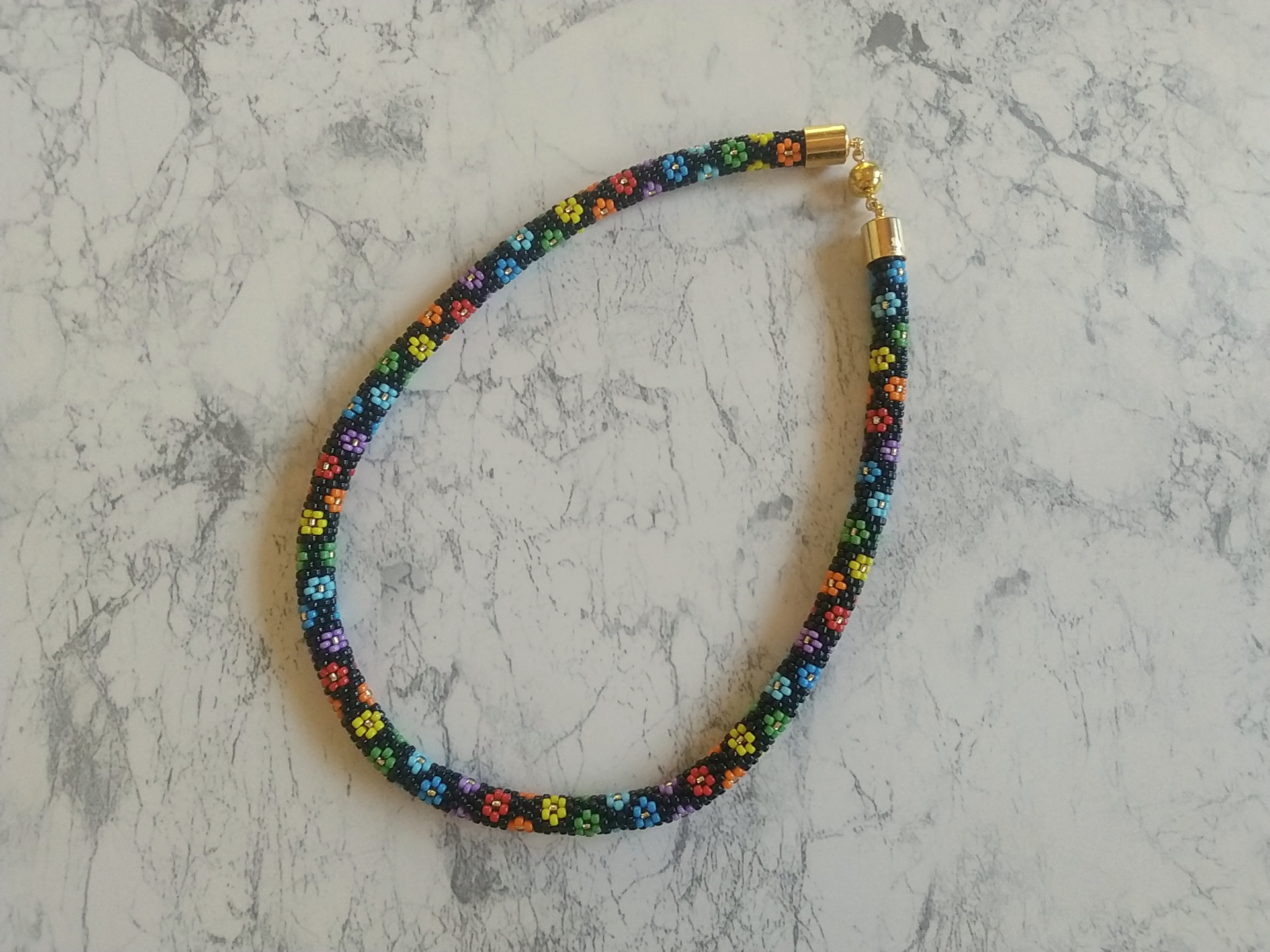 ネックレス ビーズクロッシェ  フラワー ブラック/黒