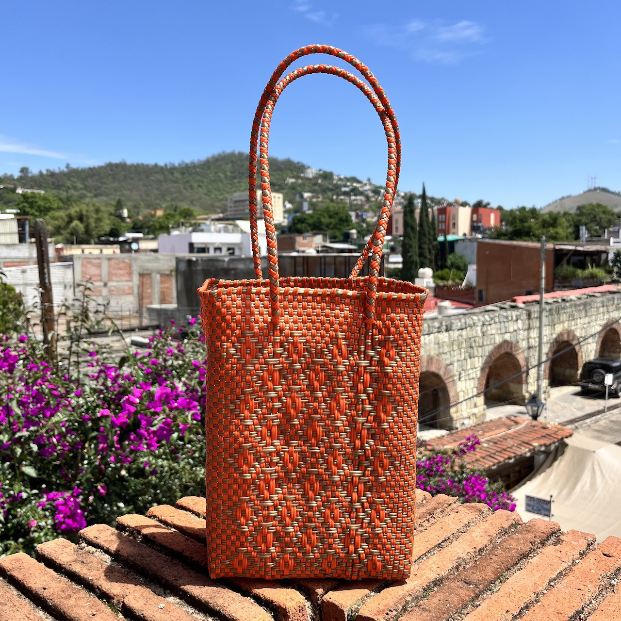 【メキシコ製】メルカドバック・カゴバックS（ロングハンドル）　ロンボ/オレンジ×ゴールド