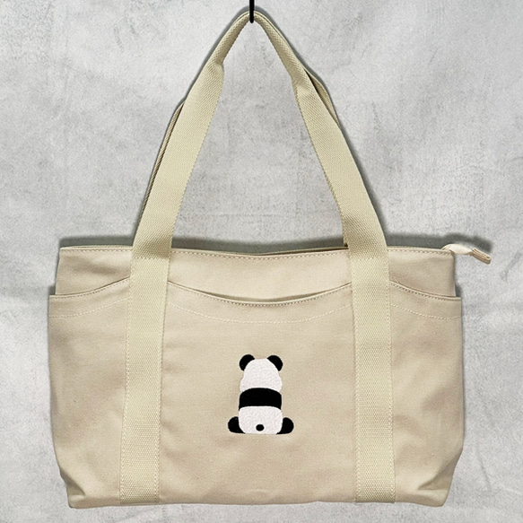 【免運費】A4尺寸相容！帆布拉鍊手提包，背面和口袋處飾有熊貓刺繡 - 可愛時尚，女士必備 第3張的照片