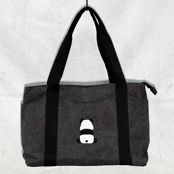 【免運費】A4尺寸相容！帆布拉鍊手提包，背面和口袋處飾有熊貓刺繡 - 可愛時尚，女士必備 第1張的照片