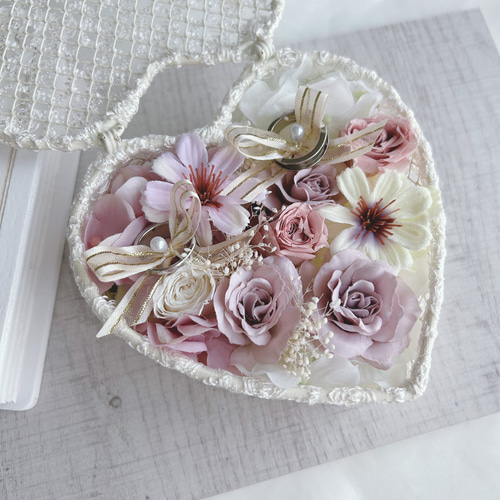 リングピロー＊モーブピンク&ホワイト／ハート型レースボックス