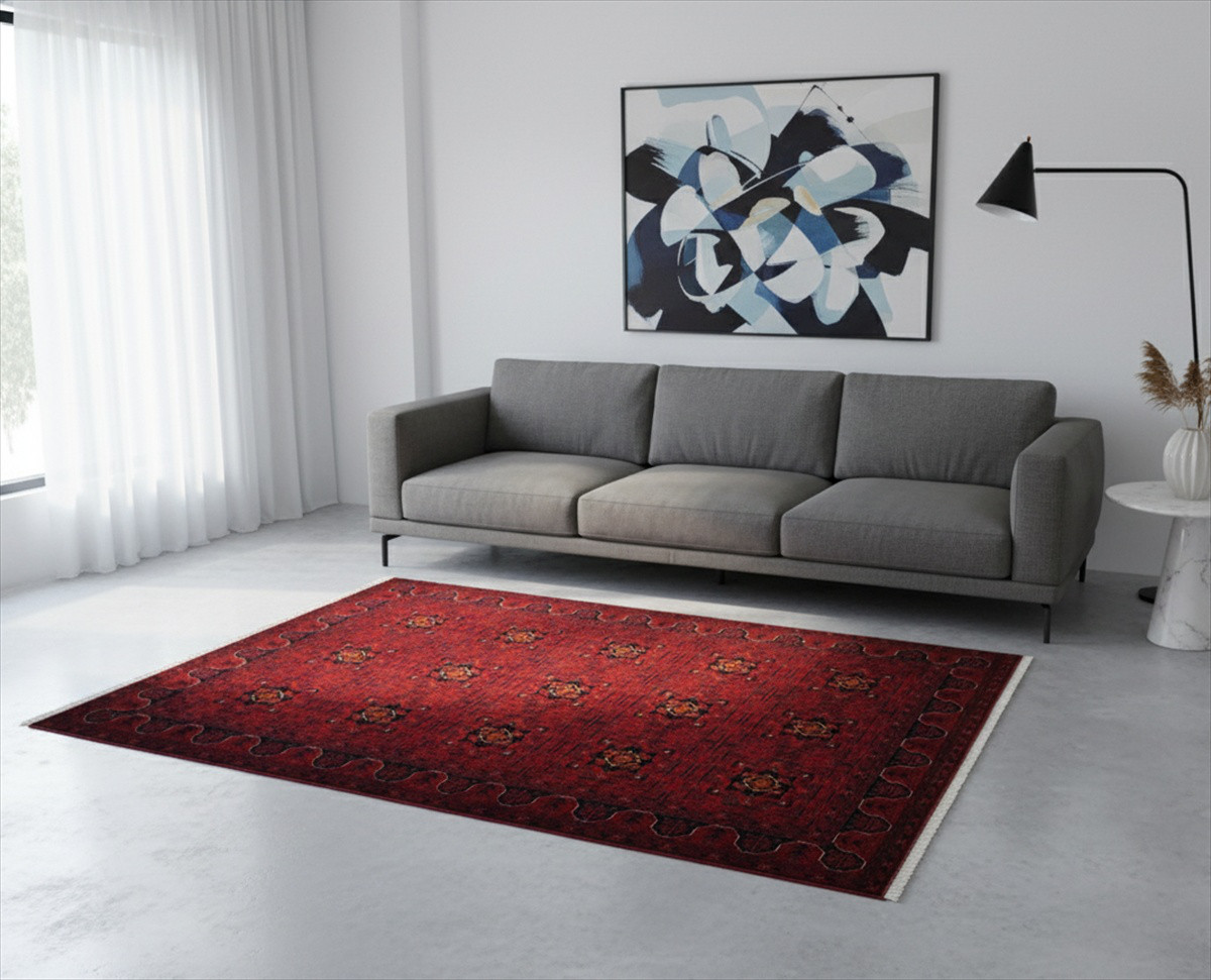 アフガン絨毯　ベルジック　クラシックデザイン　高級感のある赤色　205x148cm