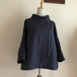 ハンドメイド 人気作家 フレンチリネンハイネックフレアマキシワンピース 黒 フレンチリネン（ロイヤルブルー）で作ったハイネックフレア