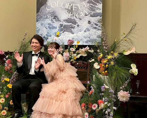 実例写真！カラードレス ピンク ソフトチュール オフショルダー ロング