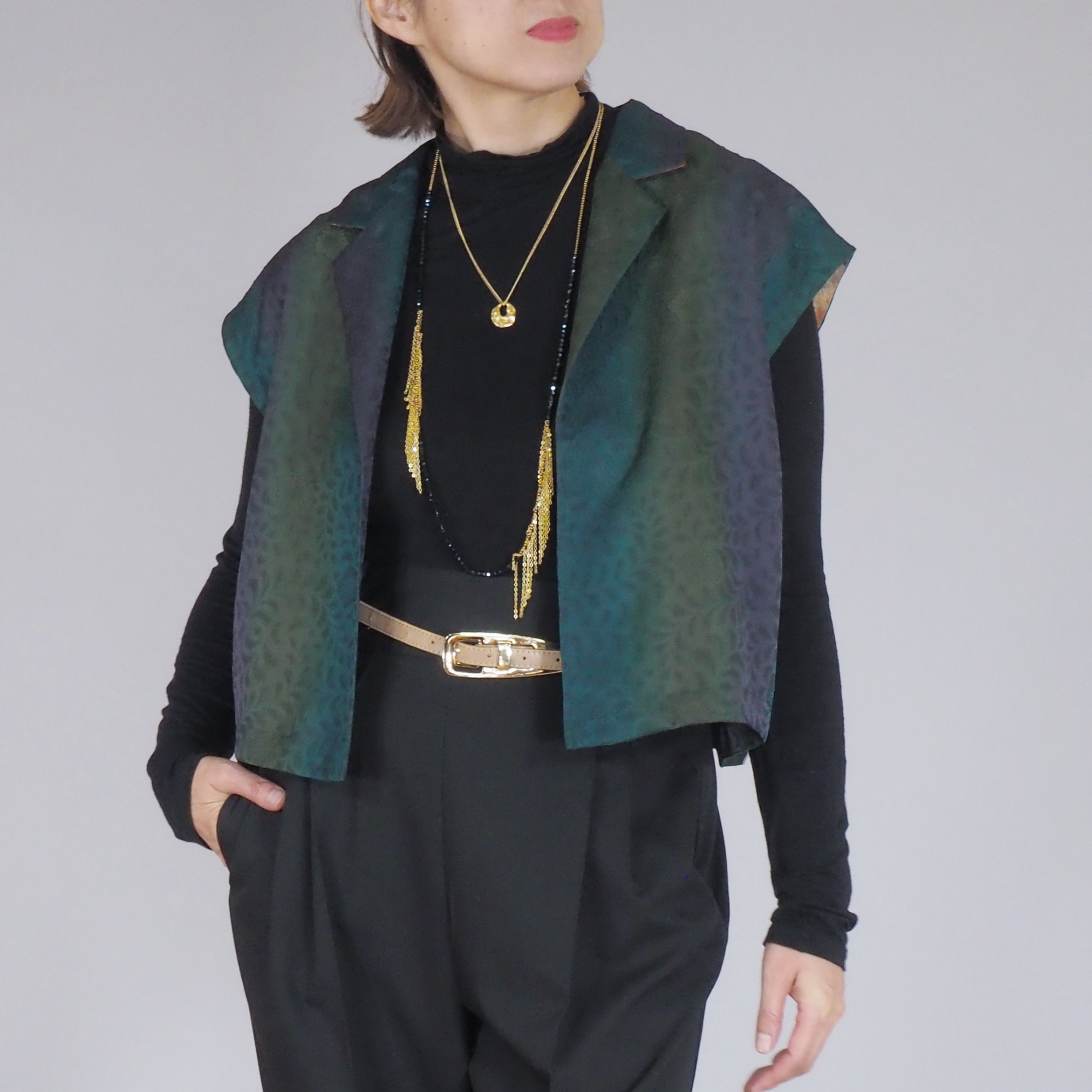 creema価格★着物リメイク クロップトップ フレンチスリーブ ノースリーブ細見え ヴィンテージ着物 シルク