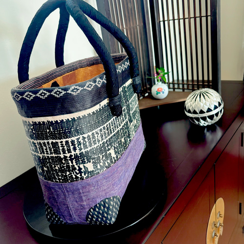 送料無料 一閑張り・一貫張りかごバッグ（M）相撲 番付表 和紙