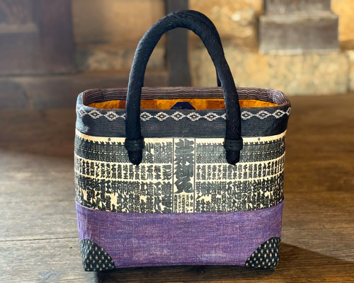 送料無料 一閑張り・一貫張りかごバッグ（M）相撲 番付表 和紙