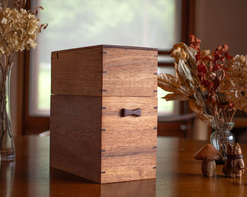 木製メイクボックス 2段セット｜天然木 クルミ／タモ使用｜鏡付き蓋