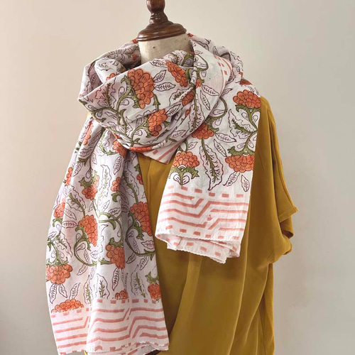 インド／インド綿大判ストール [ドゥパタ] オレンジフラワー ストール