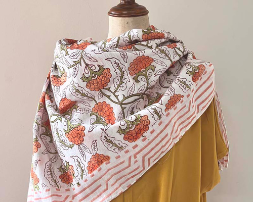 インド／インド綿大判ストール [ドゥパタ] オレンジフラワー ストール