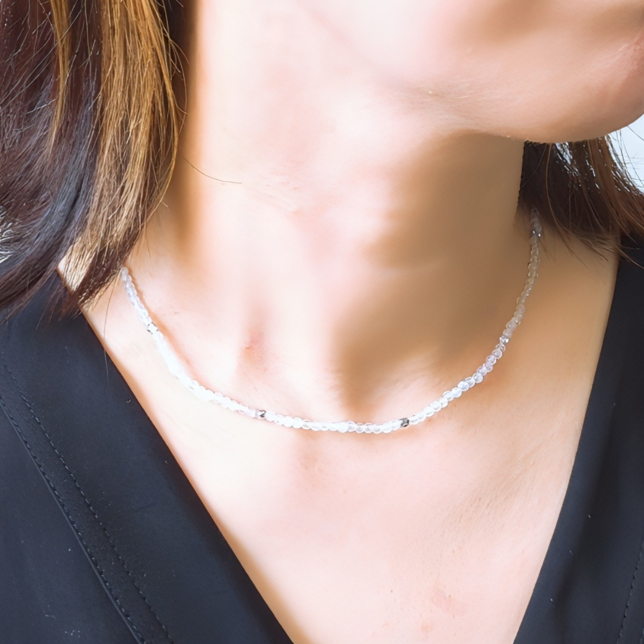 【ネックレス】レインボームーンストーン ラウンド×シルバー チェコビーズの一連ネックレス