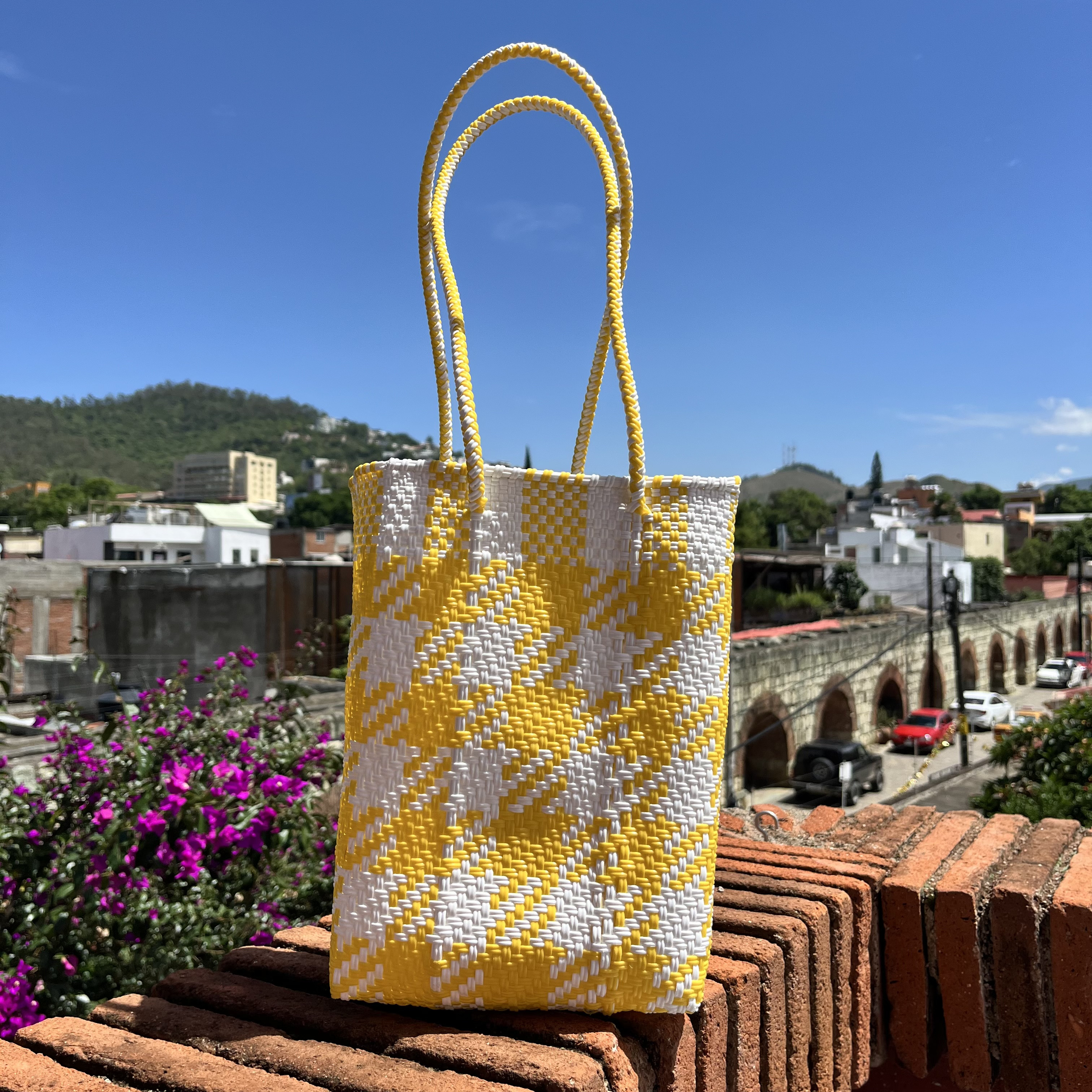 【メキシコ製】メルカドバック・カゴバックS（ロングハンドル）　チェック/黄色×白