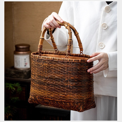 手編み竹籠バッグ・手提げ 経年変化 母の日 ハンドバッグ 手作り竹編み