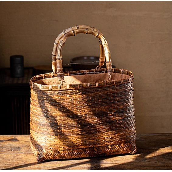 手編み竹籠バッグ・手提げ 経年変化 母の日 ハンドバッグ 手作り竹編み かごバッグ ハンドメイド 竹編みバッグ 籠 竹籠