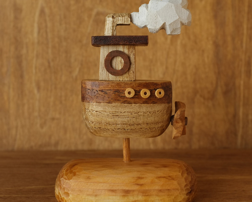 モクモク雲の 蒸気船】木彫り 彫刻 海 夏 舟 鳥 インテリア 北欧雑貨