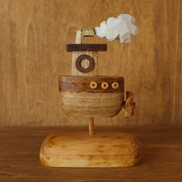 モクモク雲の 蒸気船】木彫り 彫刻 海 夏 舟 鳥 インテリア 北欧雑貨