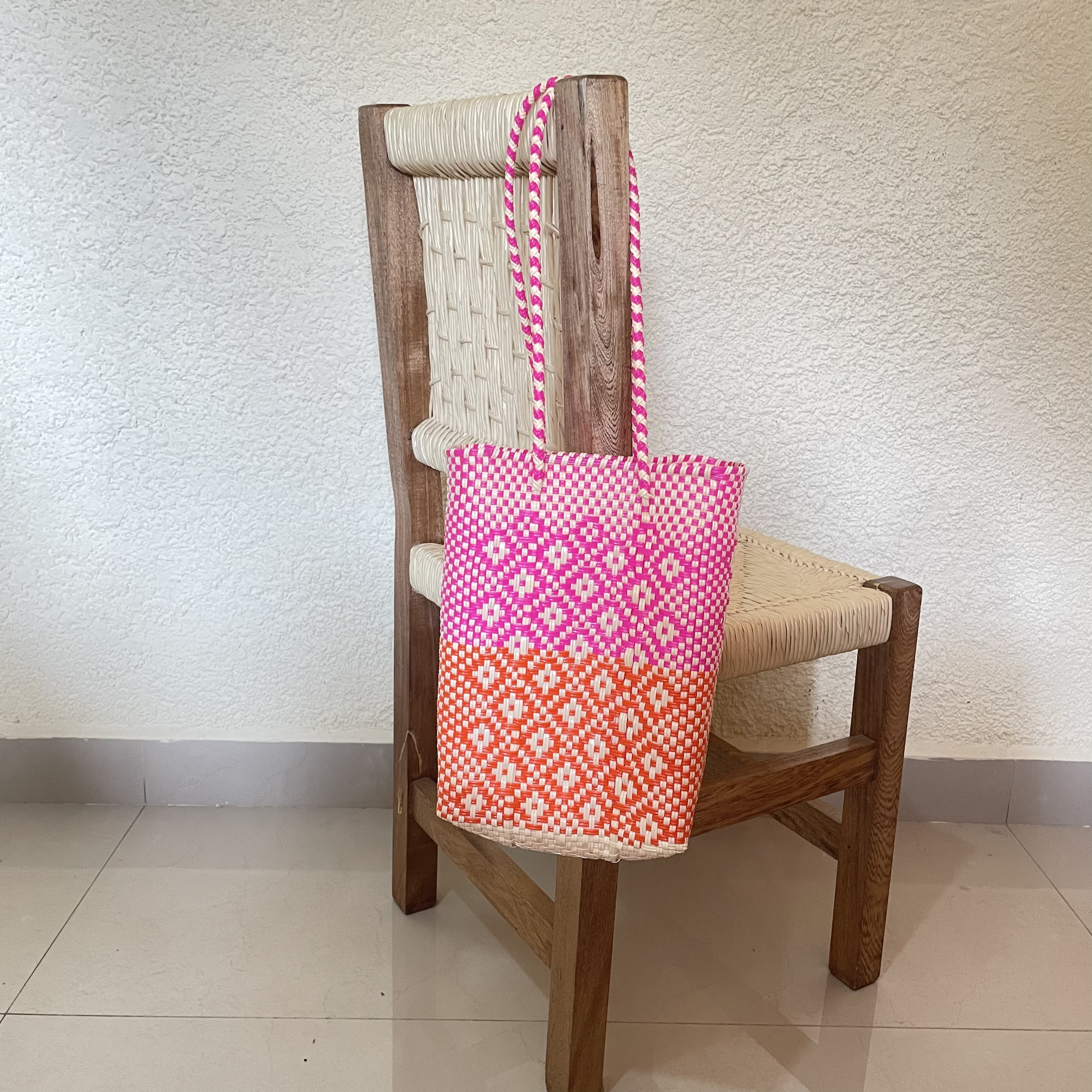 【メキシコ製】メルカドバック・カゴバックS（ロングハンドル）　ロンボ/ピンク×クリーム×オレンジ