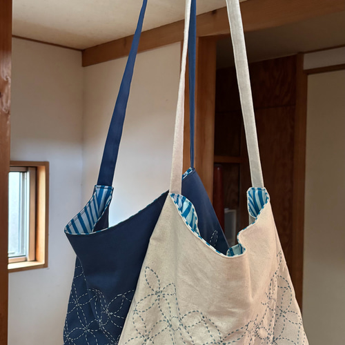 酒袋刺し子ショルダーバッグ(ハンドメイド） ◇送料無料◇人気レア品！□藍染刺し子生地×酒袋×本革リメイク