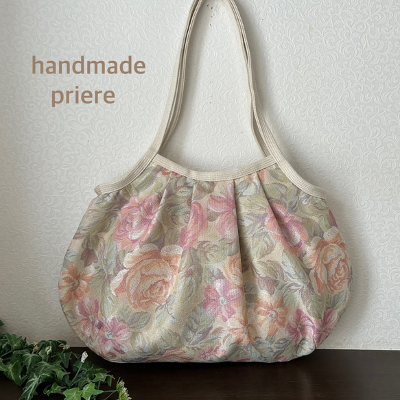 ★北欧風　ジャガード織グラニーバック　花柄バッグ　肩掛けショルダーバッグ　ピンク系★ 7枚目の画像
