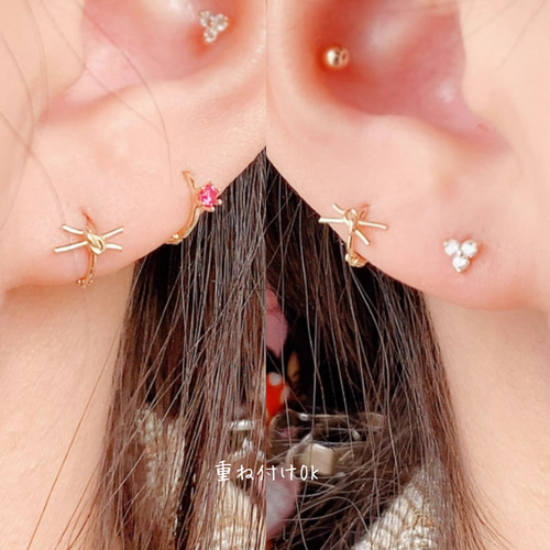 10K（片耳）K10YG中折れフープピアスK10金ネジ式ピアスリボンモチーフ