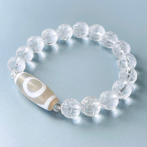 天然白玉髄山形一眼天珠&蓮彫り本水晶ブレス ブレスレット Himal