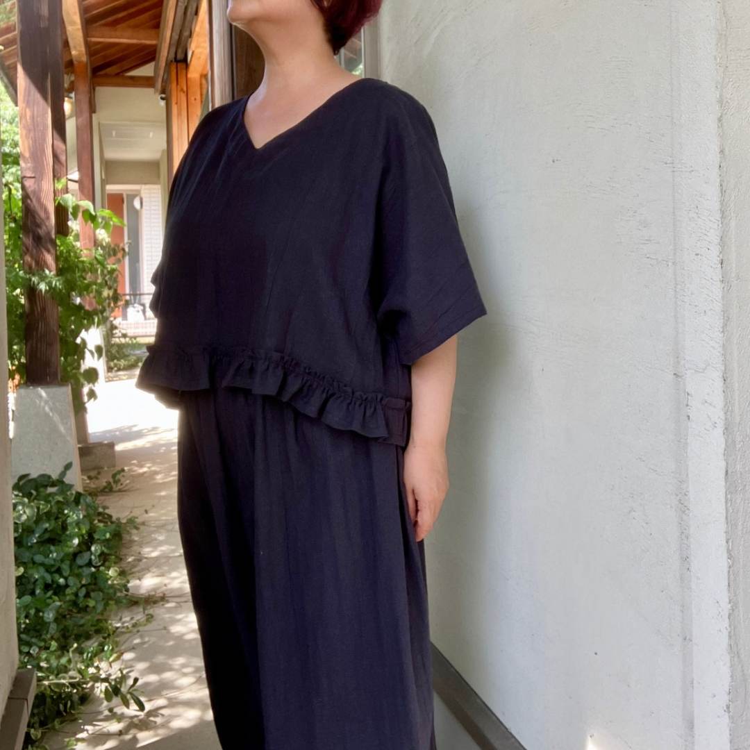 低身長ぽっちゃりさん☀️青墨色☀️ゆったりサイズ☀️楽ちん☀️綿麻プルオーバー