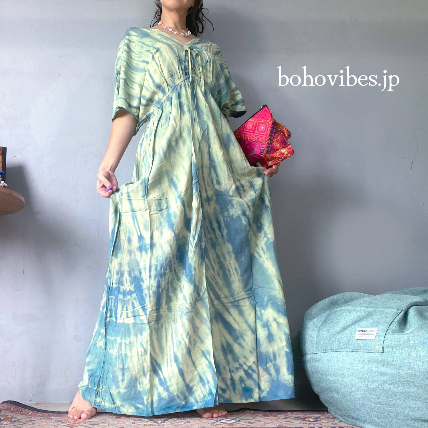 ギャザー入りゆったりシルエット ２トーンタイダイ染め コットンロングワンピース