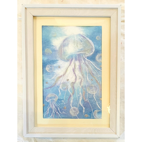 原画マット紙付額付】和紙ちぎり絵「キラキラクラゲ（ブルー）」海の
