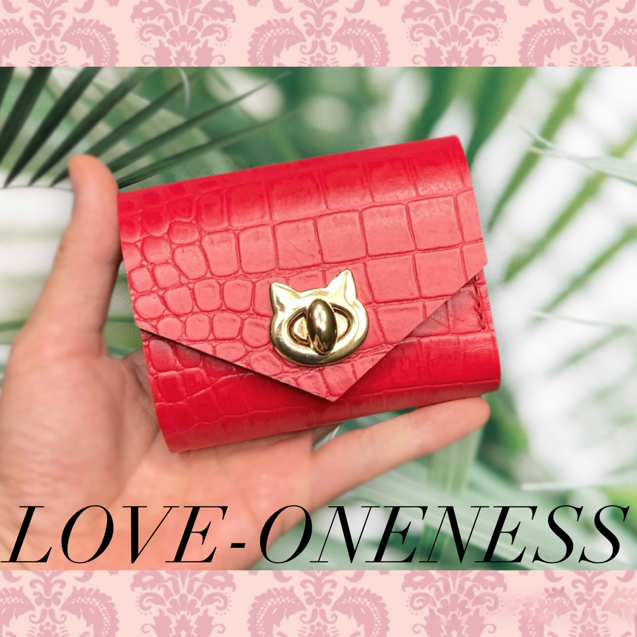 ❤【可愛さ×高級感♪】お洒落可愛い猫モチーフの総本革コンパクトミニ財布♪赤 クロコダイル柄 上品 手のひらに収まる♪