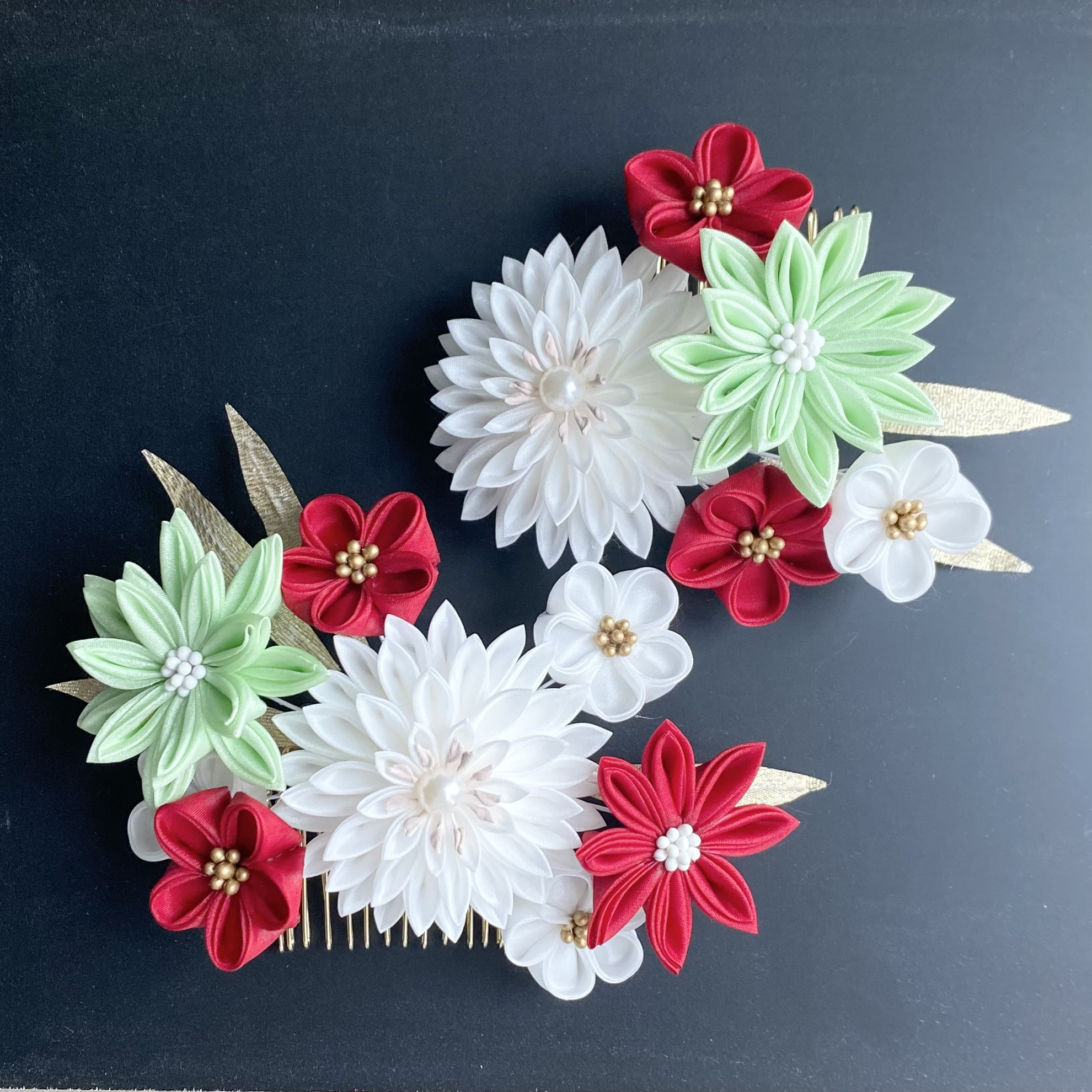 正絹つまみ細工　成人式かんざし　コーム2点セット