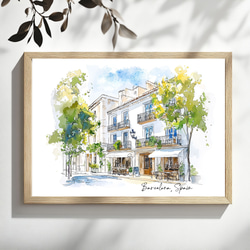 スペイン・バルセロナのカフェ 水彩画アート｜ヨーロッパの風景