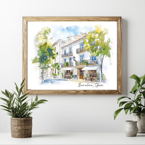 スペイン・バルセロナのカフェ 水彩画アート｜ヨーロッパの風景
