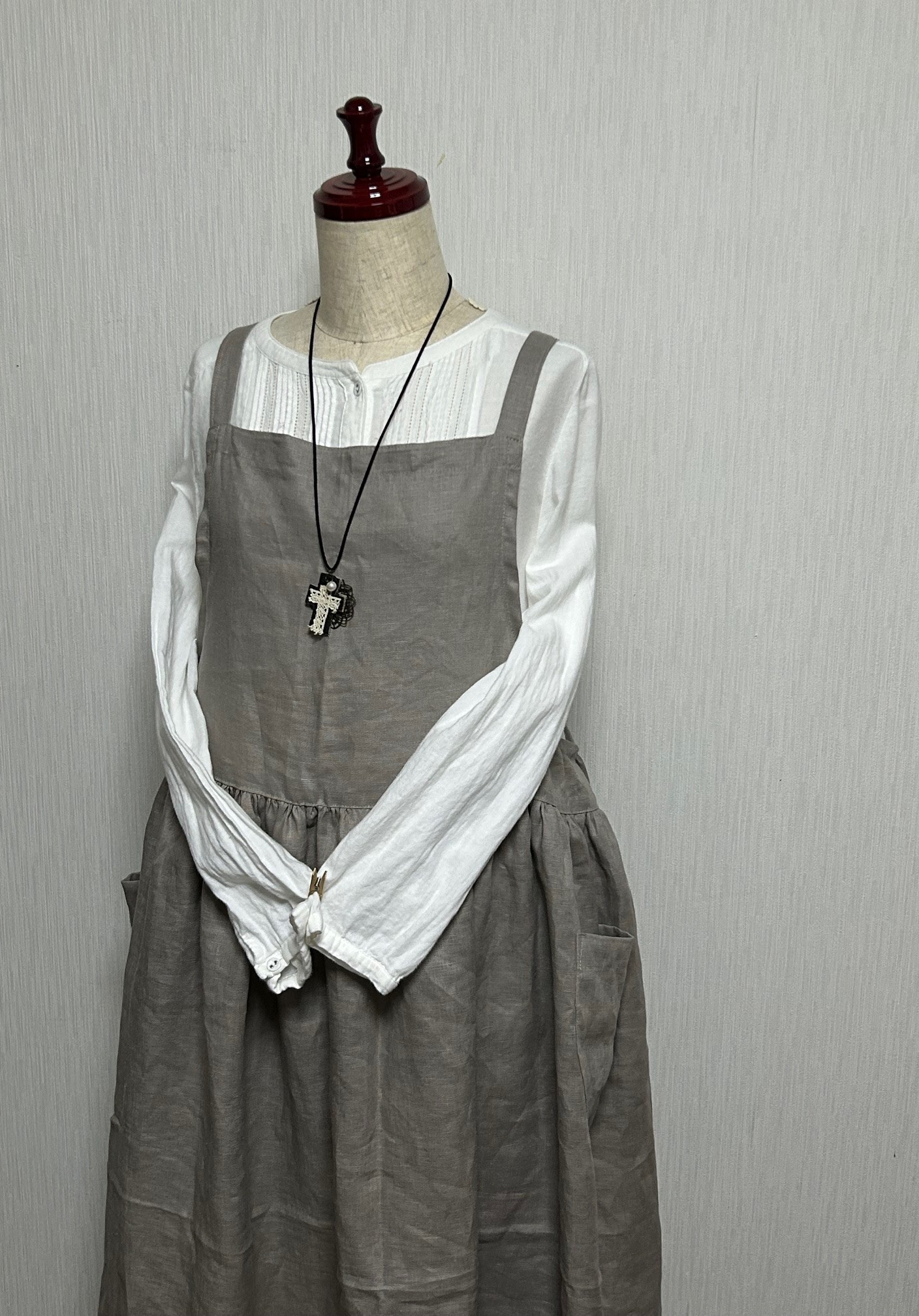 3L4L★受注製作　着丈120cm★　エプロンワンピース リネン100% 黒・生成りグレージュ　 ウエスト切替あり