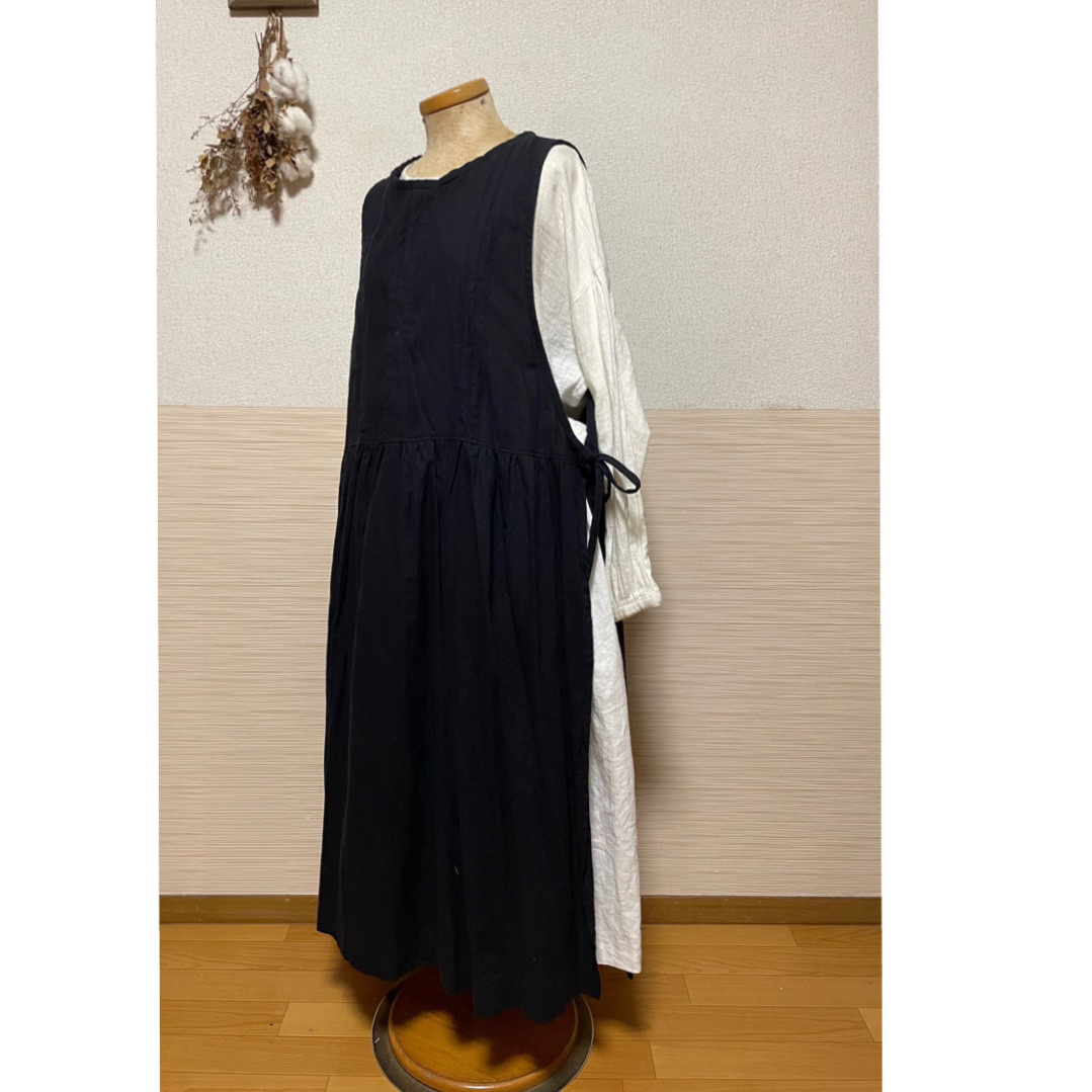 コットンリネン エプロンワンピース＊麻綿ワンピ 重ね着OK ブラック