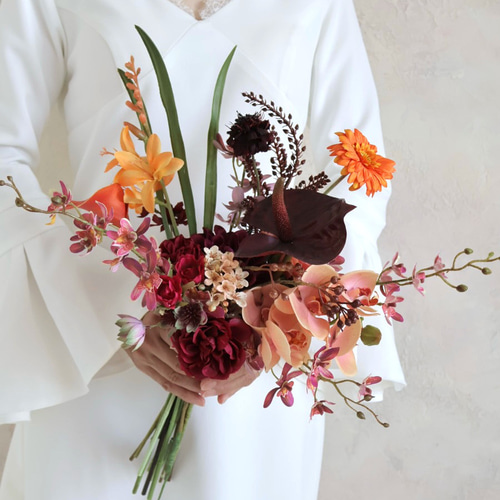 秋色アートブーケ／ボルドー×オレンジ／秋婚オシャレブーケ／クラッチ