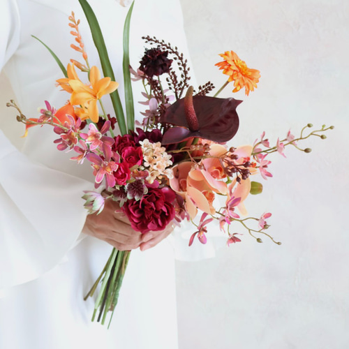 秋色アートブーケ／ボルドー×オレンジ／秋婚オシャレブーケ