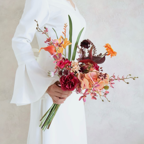 秋色アートブーケ／ボルドー×オレンジ／秋婚オシャレブーケ／クラッチ