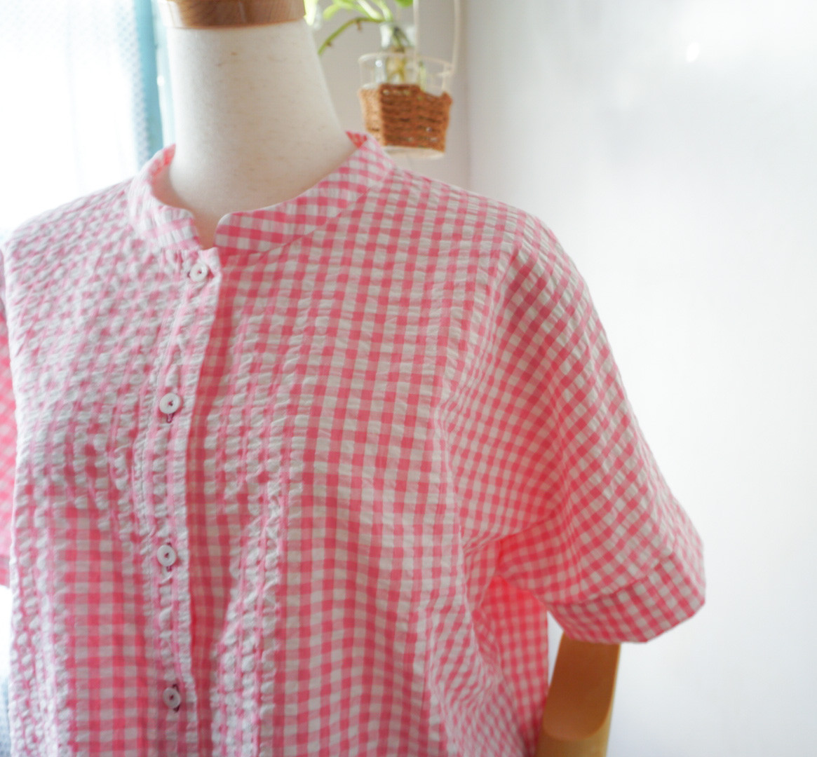 ギンガムチェック柄台襟ドルマンスリーブブラウス(PINK)