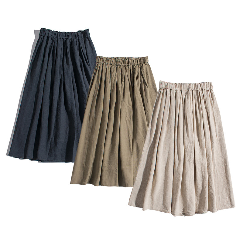 裾幅広いリネンスカート　ギャザーゴムウエストリネンスカート　3色　M-Lサイズ　L678