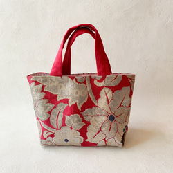 帯リメイクトートバッグ 赤にゴールドの花柄 トートバッグ GURI SHELLY
